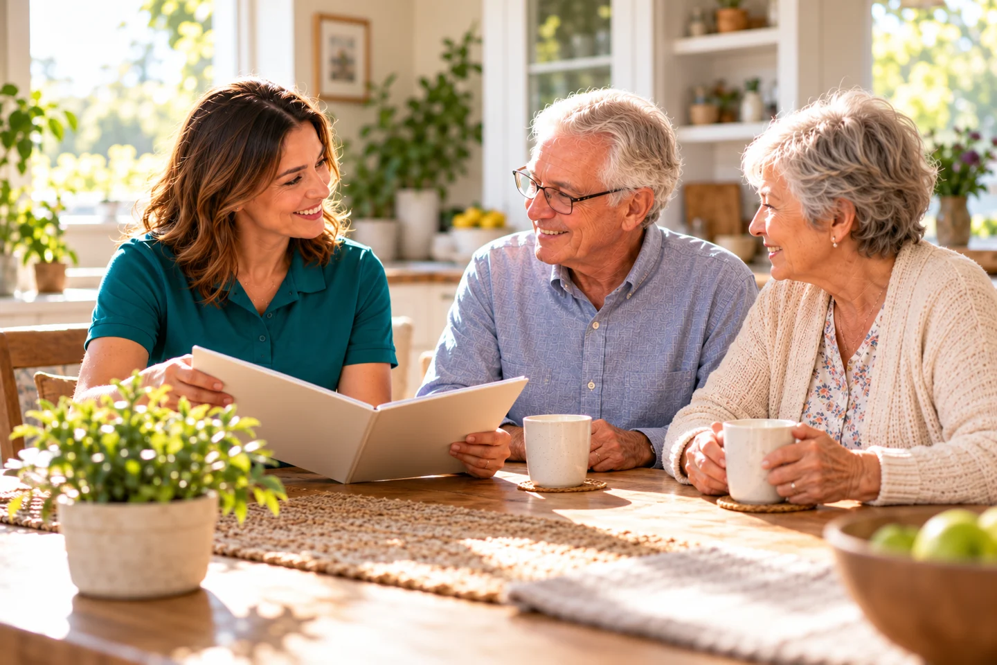 A caregiver and an older couple sharing a relaxed conversation at home.
