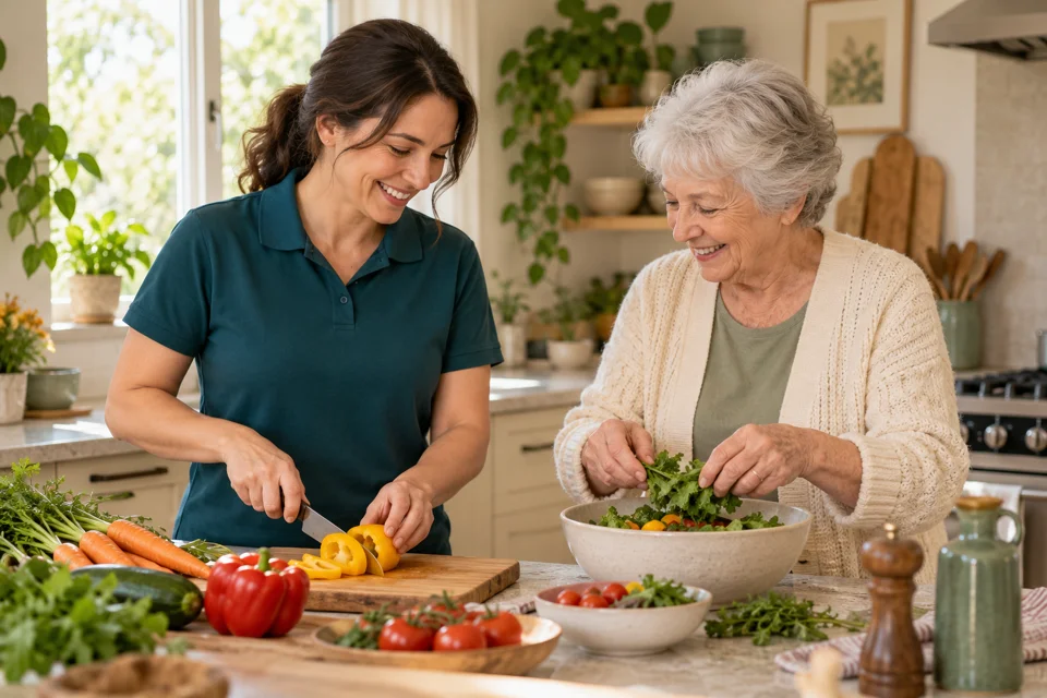 A caregiver and an older woman preparing vegetables together in a bright home kitchen.